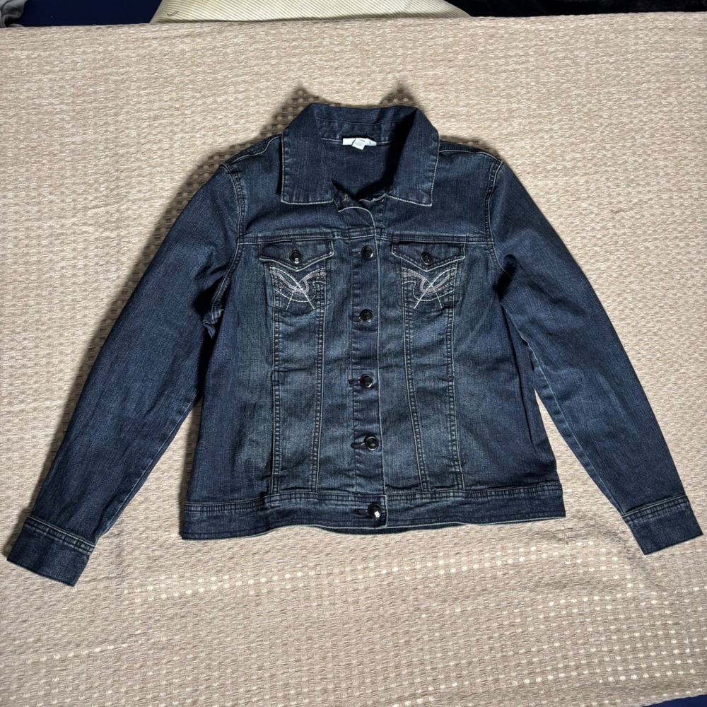 Y2K Jean jacket dark wash dress barn embroidery black gems sz XL